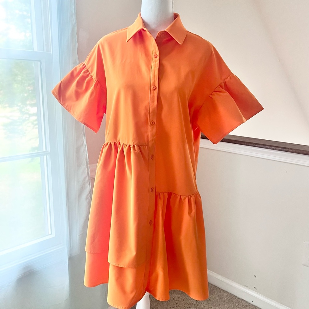 Shein orange ruffle hem button front collar smock dress size small